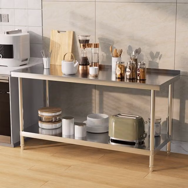 Livingandhome Two-Tier Stainless Steel Workbench with Backsplash, Silver, Width: 150 cm