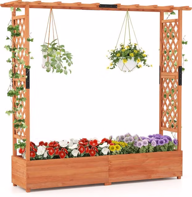 COSTWAY Brown Wooden Raised Bed Planter for Ornamental and Indoor Plants