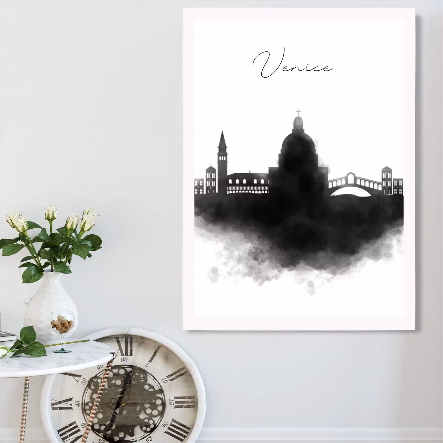 ARTZE Venice Watercolour Skyline City Framed Print, Black and White, A2 – 2