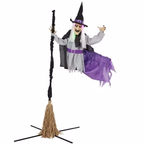 HOMCOM 200cm Life Size Animated Flying Witch Halloween Decoration in Black and Multicolour