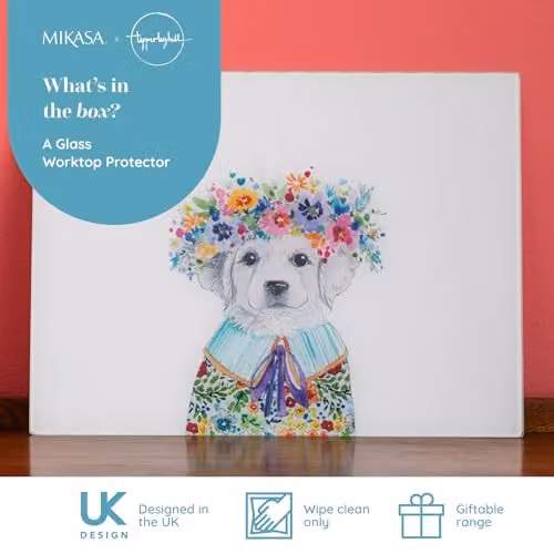 Mikasa Tipperleyhill Glass Worktop Protector, Multicolour and White Puppy Design, W: 40 cm, D: 30 cm, H: 1.21 cm – 2
