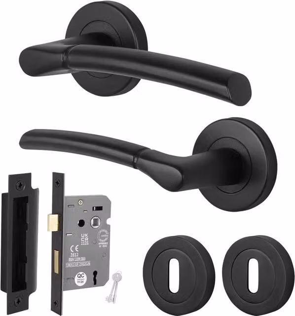 AFIT Matt Black Round Rose Door Handle with Keyed Lock, 64mm Internal Lever, W/D/H: 15.0 x 150.0 x 150.0 cm