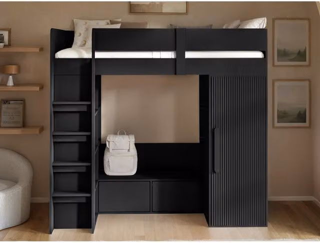 Flair Furnishings Aspen Ribbed High Sleeper with Storage and Wardrobe in Black