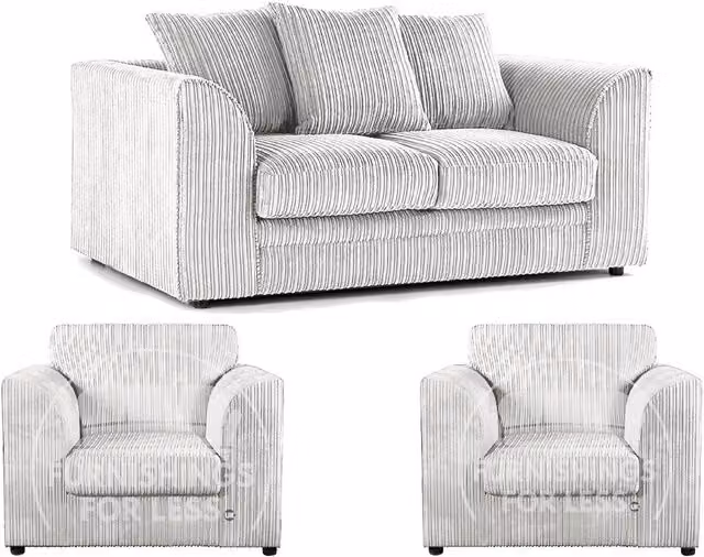 Furnishings For Less UK Luxor 3 Piece Sofa Suite in Silver Jumbo Cord Fabric with Scatter Cushions