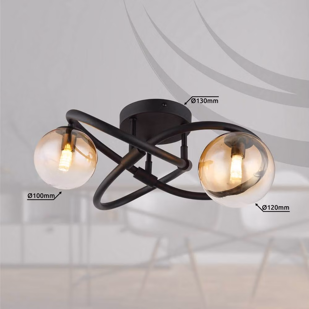 Globo Lighting Retro Sphere Ceiling Light in Black with Amber Glass, Diameter: 35 cm – 5