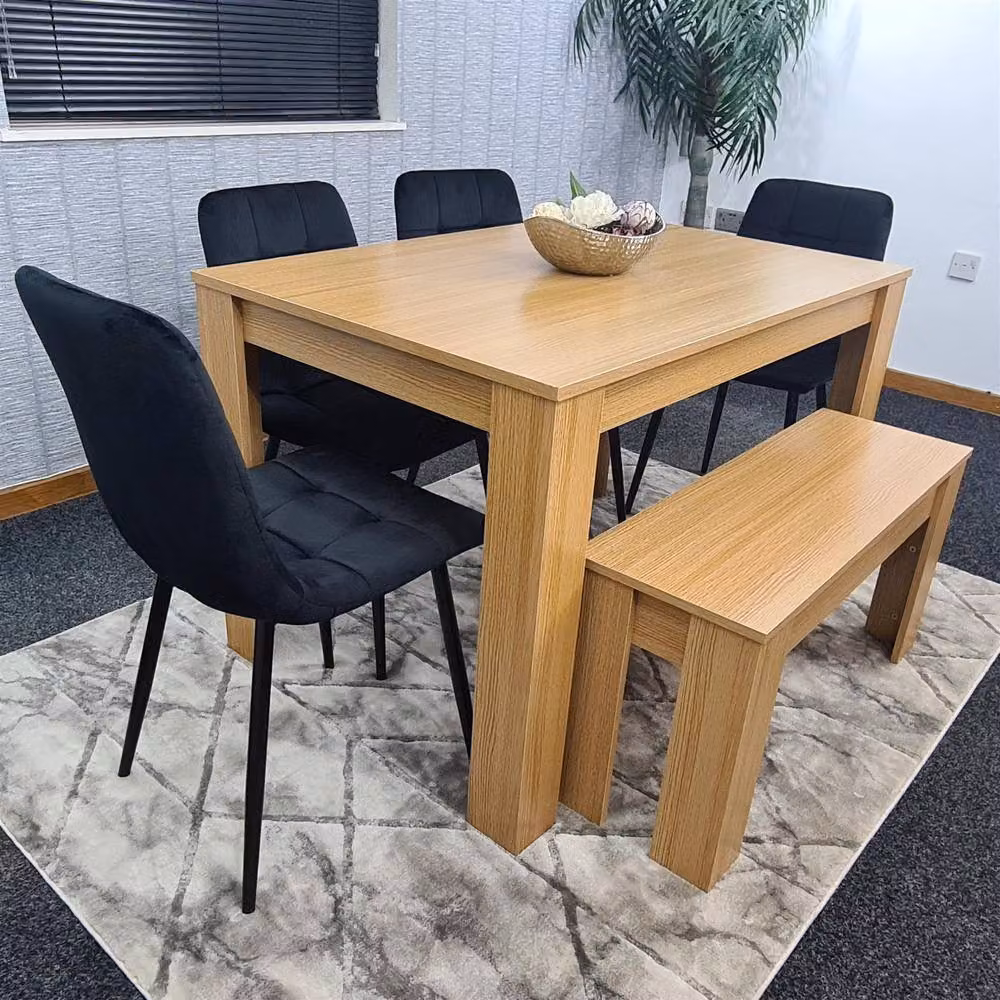 KOSY KOALA 6 Seater Modern Dining Table Set with 4 Black Velvet Chairs and Bench in Brown and Black – 5