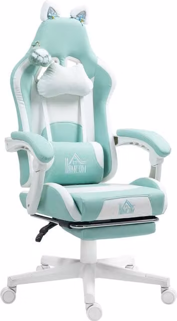 HOMCOM Cat Ear and Paw Reclining Gaming Office Chair with Footrest, Blue/White, W/D/H: 120 x 44 x 65 cm – 1
