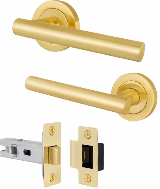 AFIT Satin Brass T-Bar Door Handle and Latch Set with Round Rose in Gold, 1 Pair