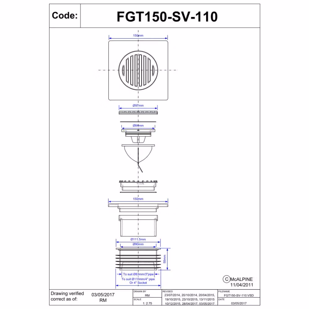 McAlpine Silver Stainless Steel 150mm Square Shower Grid Tile Unit with Non-Return Valve – 2