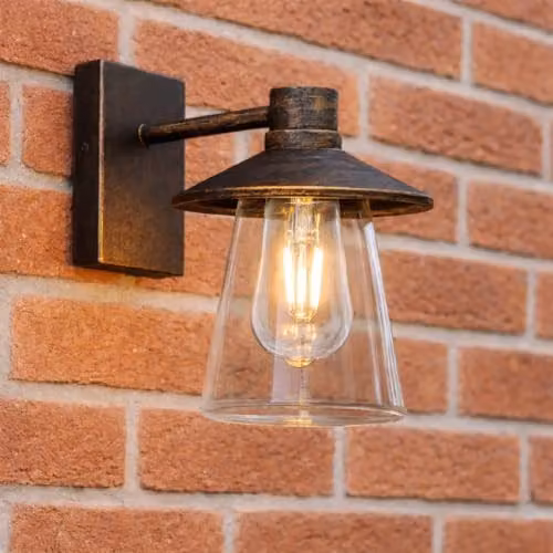 CGC Lighting Chester Antique Bronze Outdoor Wall Light Lantern with Transparent Glass Diffuser, E27, IP54, H 23.0 cm x W 20.5 cm x D 16.5 cm