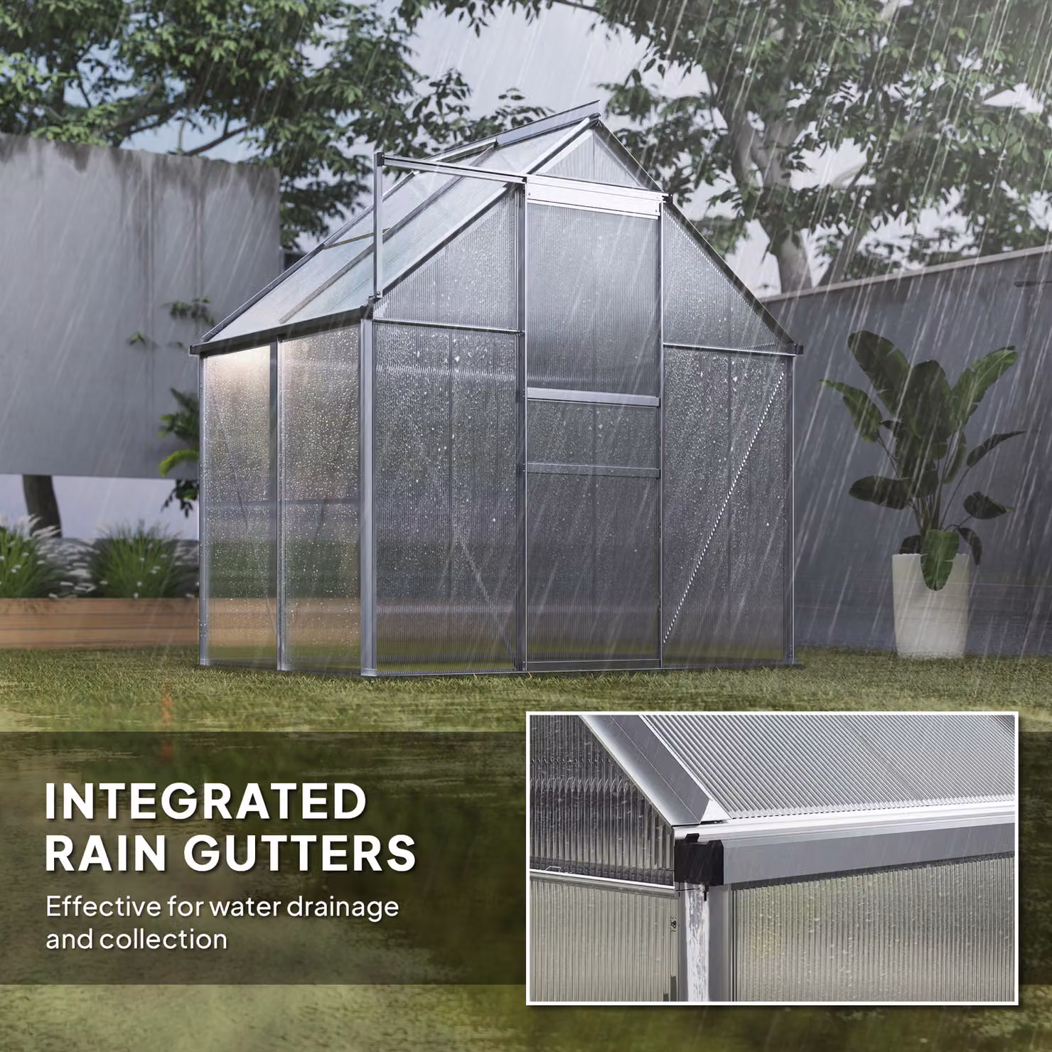 Outsunny Silver-Tone Walk-In Polycarbonate Greenhouse with Sliding Window and Rain Gutter, W: 131 cm, H: 192.5 cm – 6