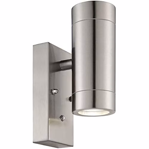 Loops Outdoor Up & Down IP44 Wall Light with Dusk Sensor, Brushed Stainless Steel and Transparent Glass, 2 x GU10 LED