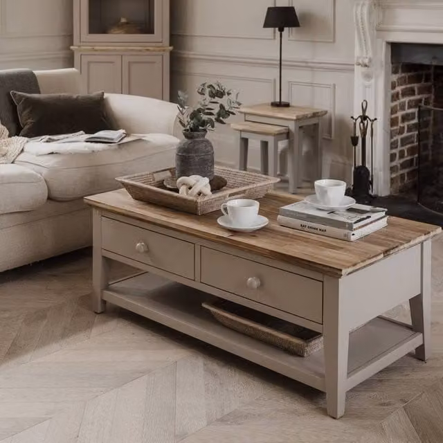 Statement Furniture Florence Rectangular Coffee Table with Drawers in Taupe Acacia Wood