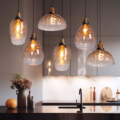 Globo Lighting Amber Glass and Black Metal Dining Room Pendant Light for 6 E27 Bulbs – 2