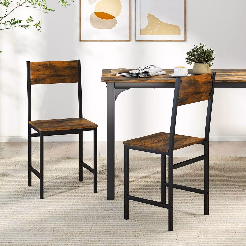 Gymax Set of 2 Industrial Kitchen Side Chairs with Wide Seat in Brown – 7