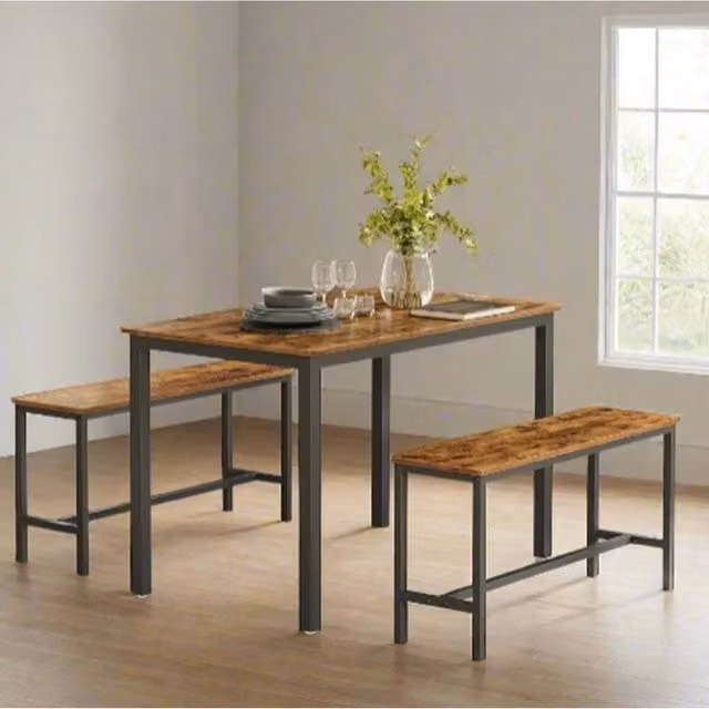 Modcraft Industrial Rectangular Dining Table and Benches Set in Brown Wood, W/D/H: 110 x 70 x 75 cm