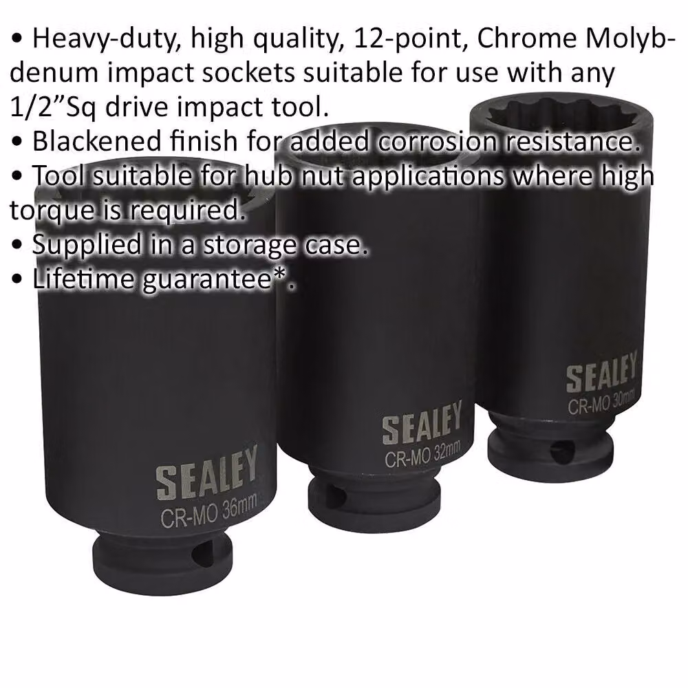 Loops 3 Pack Deep Impact Socket Set, 1/2 inch Square Drive, 12 Point, Chrome Molybdenum, 30mm, 32mm and 36mm – 2