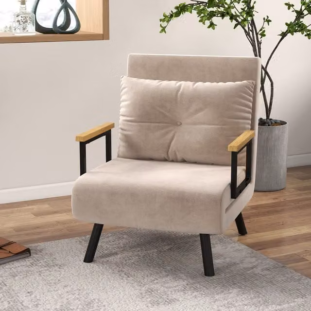 HOMCOM Beige Velvet Click Clack Bed Settee with Metal Frame and Foam Upholstery – 1