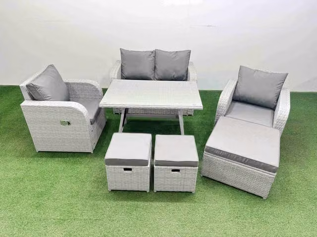 Fimous PE Wicker Rattan Garden Furniture Set in Light Grey with Reclining Chairs, 2-Seater Sofa, Ottoman and Coffee Table