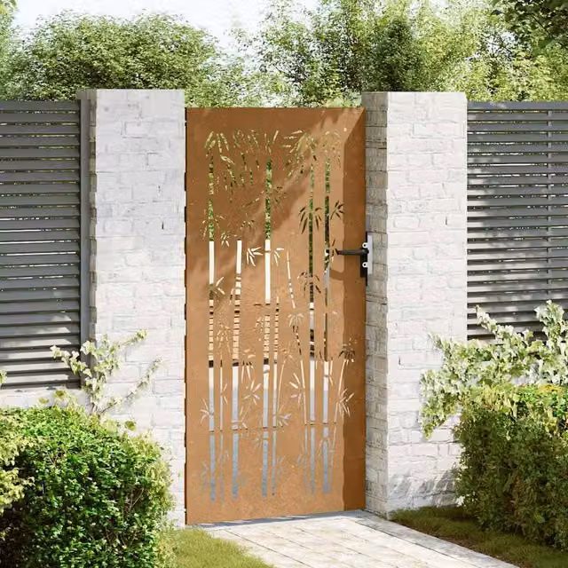 Berkfield Home Beautiful Garden Gate in Brown Corten Steel with Bamboo Design, W: 85 cm, H: 200 cm – 1
