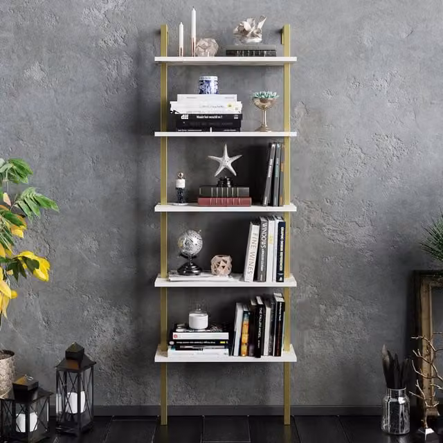 Decorotika Piante 5-Tier Modern Bookshelf in White Marble Effect and Gold