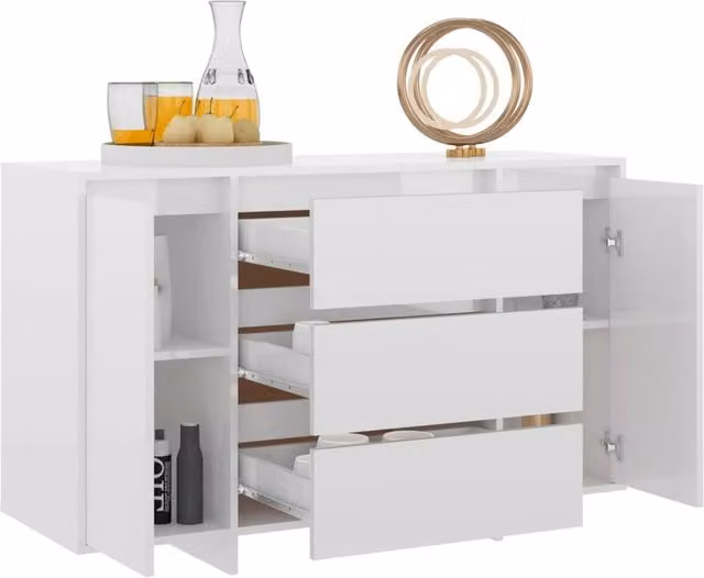Berkfield Home Modern High Gloss White Sideboard with 3 Drawers, W/D/H: 120 x 41 x 75 cm