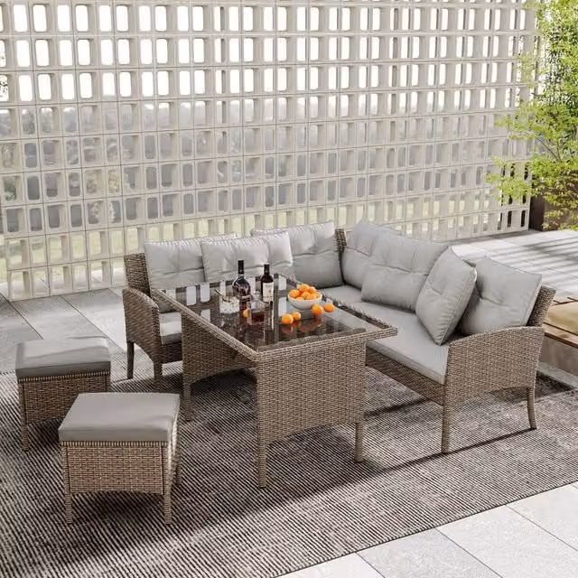 Direct Wicker 6-7 Seater Outdoor Corner Sofa Set with Table and Stools in Khaki and Beige – 1