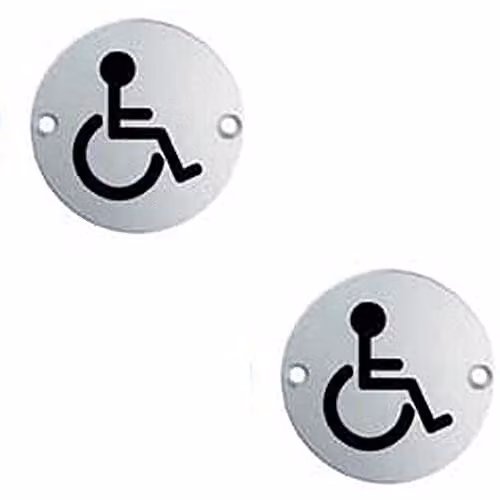 Loops 2 Pack Polished Stainless Steel Bathroom Disabled Symbol Signs, 76mm Diameter, 64mm Fixing Centres, Silver