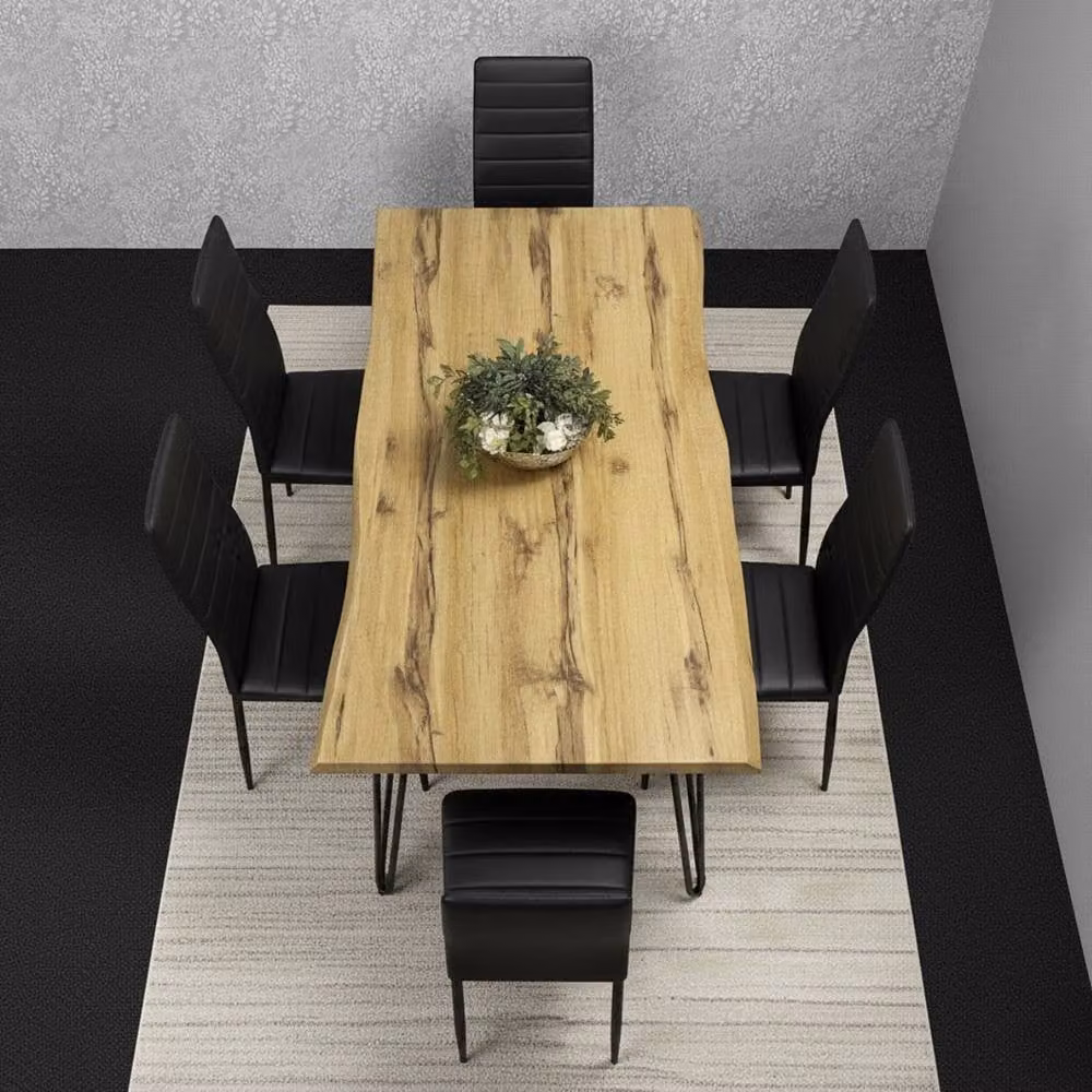 KOSY KOALA Industrial Dining Set with Rectangular Wood Table and 6 Black Faux Leather Chairs, W/D/H: 180 x 80 x 75 cm – 2
