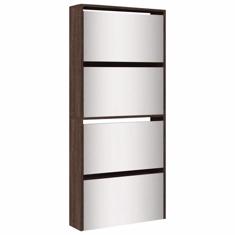 Berkfield Home Modern 4-Layer Shoe Cabinet with Mirror in Brown Oak, W: 63 cm, D: 17 cm, H: 134 cm