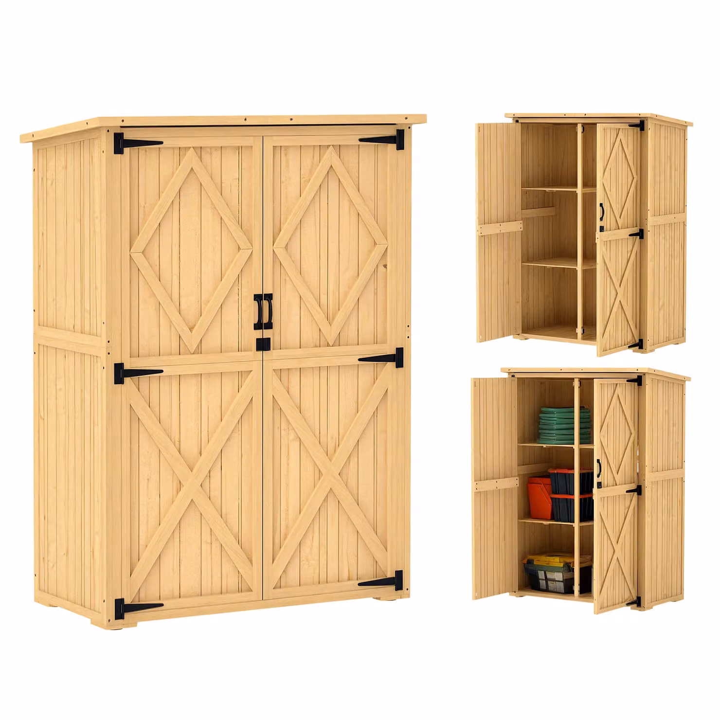 OUTSUNNY Natural Wood Tall Tool Storage Cabinet with Double Doors and Internal Shelving, W/D/H: 108.0 x 51.0 x 167.0 cm – 2