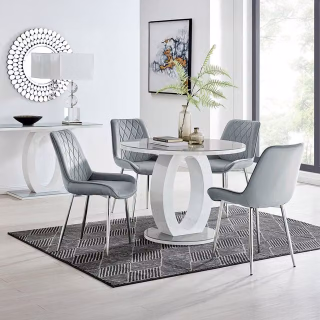 FurnitureboxUK Giovani Round Grey Glass Dining Table with 4 Pesaro Silver Leg Chairs