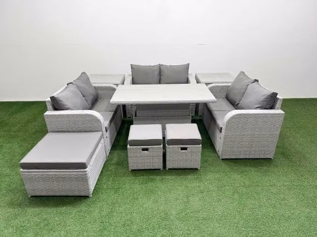 Fimous 9 Seater PE Wicker Rattan Garden Furniture Set in Light Grey with U-Shape Sofa, 2 Seater Love Sofa, 3 Ottomans, 2 Side Tables and Adjustable Lifting Coffee Table