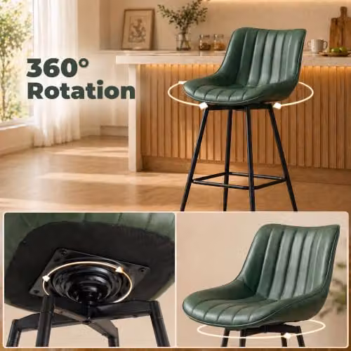 HOMCOM Set of 2 Modern Swivel Bar Stools with Backrest in Dark Green PU Leather – 4