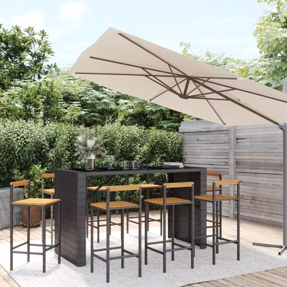 Berkfield Home Beautiful 9 Piece Black Poly Rattan and Solid Acacia Wood Garden Bar Set – 2