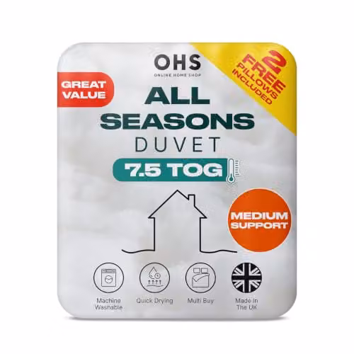 OHS All Seasons Double Duvet and 2 Pillow Set, 7.5 Tog, White Hollow Fibre – 1
