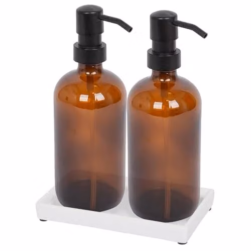 Harbour Housewares 2 Piece Amber Glass Soap Dispenser Set with Ceramic Tray and Black Pumps, 500ml – 1