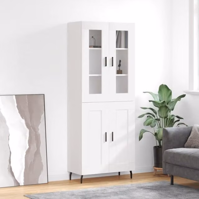 Berkfield Home Modern White Highboard with Glass Doors and Internal Shelves, W/D/H: 69.5 x 34 x 180 cm