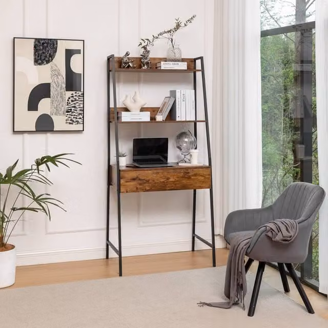 Westwood Modern Brown Ladder Bookcase with 3 Open-Back Shelves