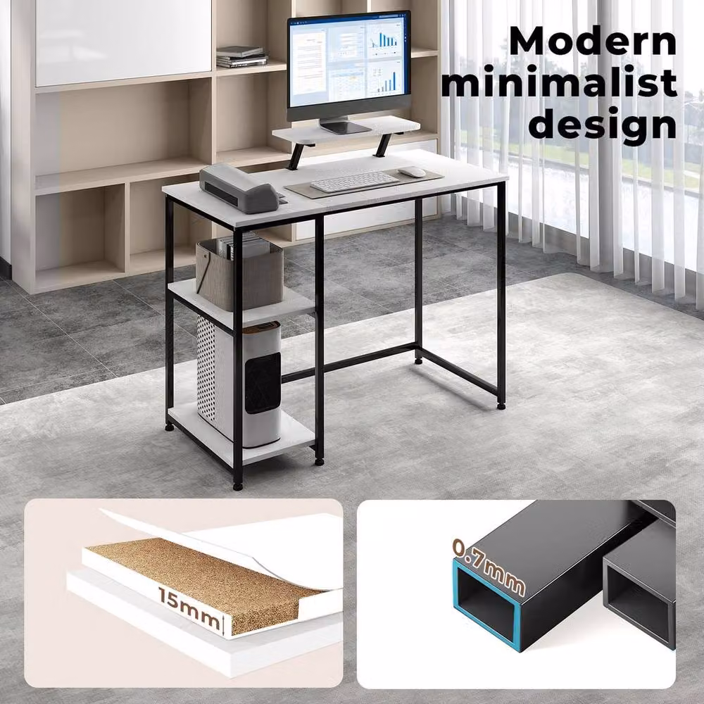 FORGEVIO Modern White Computer Desk with Storage Shelves and Monitor Stand, W/D/H: 100 x 50 x 76 cm – 3