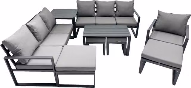 Fimous Modern Powder Coated Aluminium 3 Seater Outdoor Lounge Set in Dark Grey with Coffee Table and 4 Ottomans