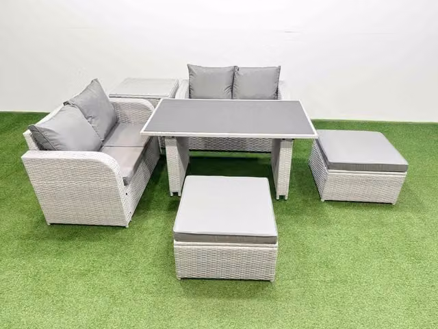 Fimous 6 Piece Outdoor PE Rattan Sofa Set with Cushions and Side Table in Light Grey