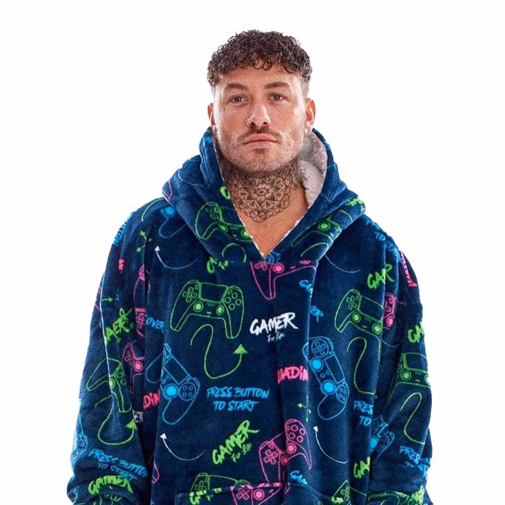 Gamer Men's Oversized Fleece Hoodie Blanket in Mid Navy Blue with Hood and Sleeves – 2