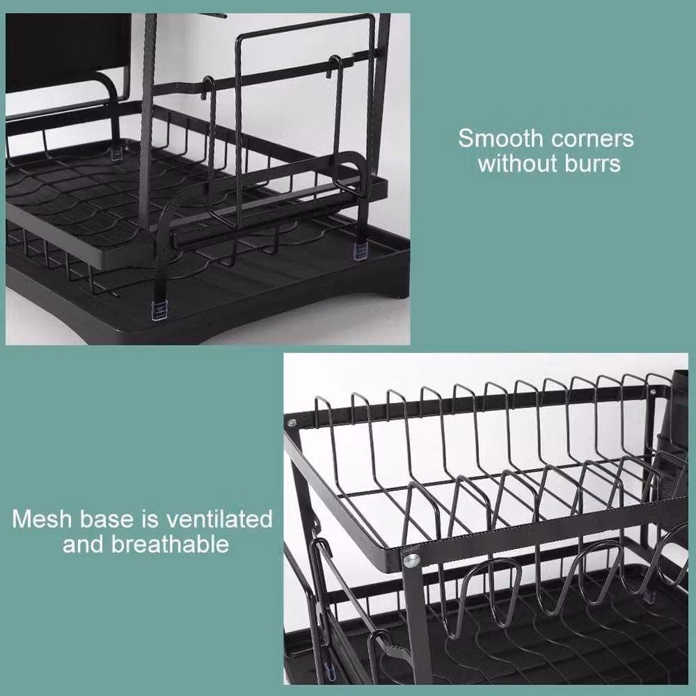 PAWNORA 2-Tier Dish Rack and Plate Cup Drying Drainer with Drip Tray, Black – 2