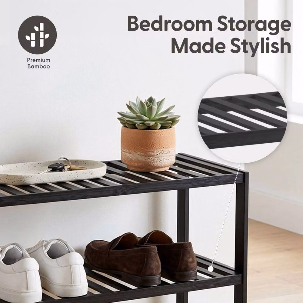 Keplin 3-Tier Bamboo Shoe Rack in Black, Modern Freestanding Wooden Shoe Organiser for Hallways, W/D/H: 70 x 55 x 55 cm – 3