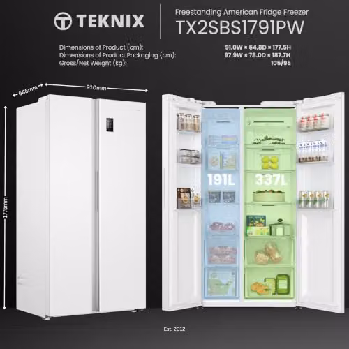 Teknix TX2SBS1791PW American Side by Side Door Fridge Freezer, 530L Capacity, Frost Free, White, H177.5 x W91.0 x D65.0 cm – 3