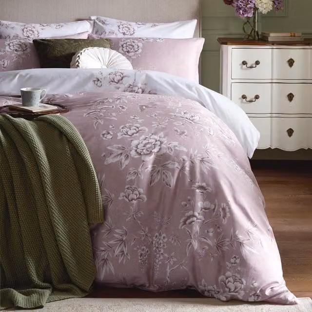 Laura Ashley Rowsham Garden Floral Cotton Mako Satin Reversible Duvet Cover and Pillowcase Set in Dark Blush Pink and White