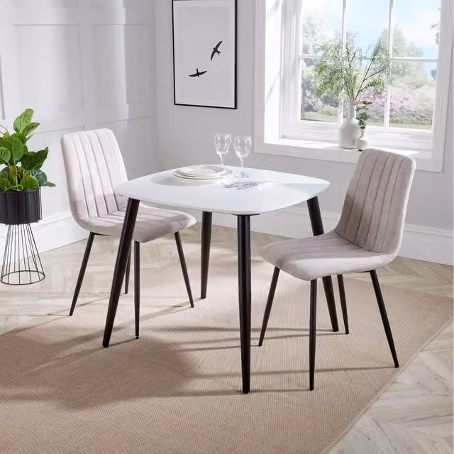 Core Products Aspen White Square Dining Table with 2 Light Grey Chord Stitched Fabric Chairs – 1