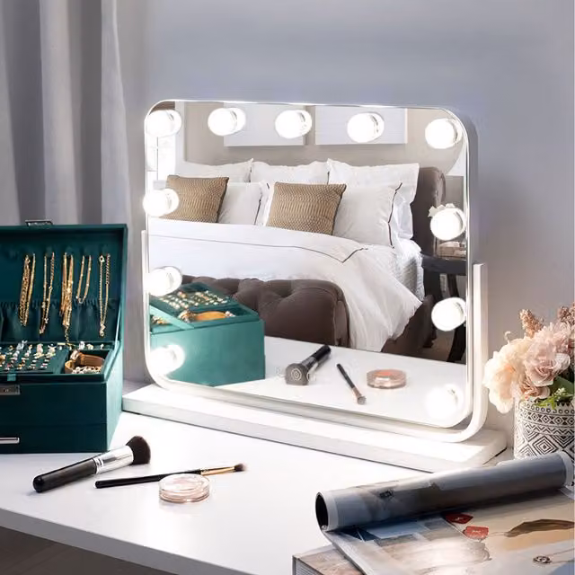 Livingandhome Rectangular Hollywood Tabletop Makeup Mirror with Filleted Corners in White