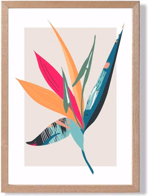 ARTZE Tropical Flower Boho Botanical Framed Print in Blue and Pink with Oak Frame, A3